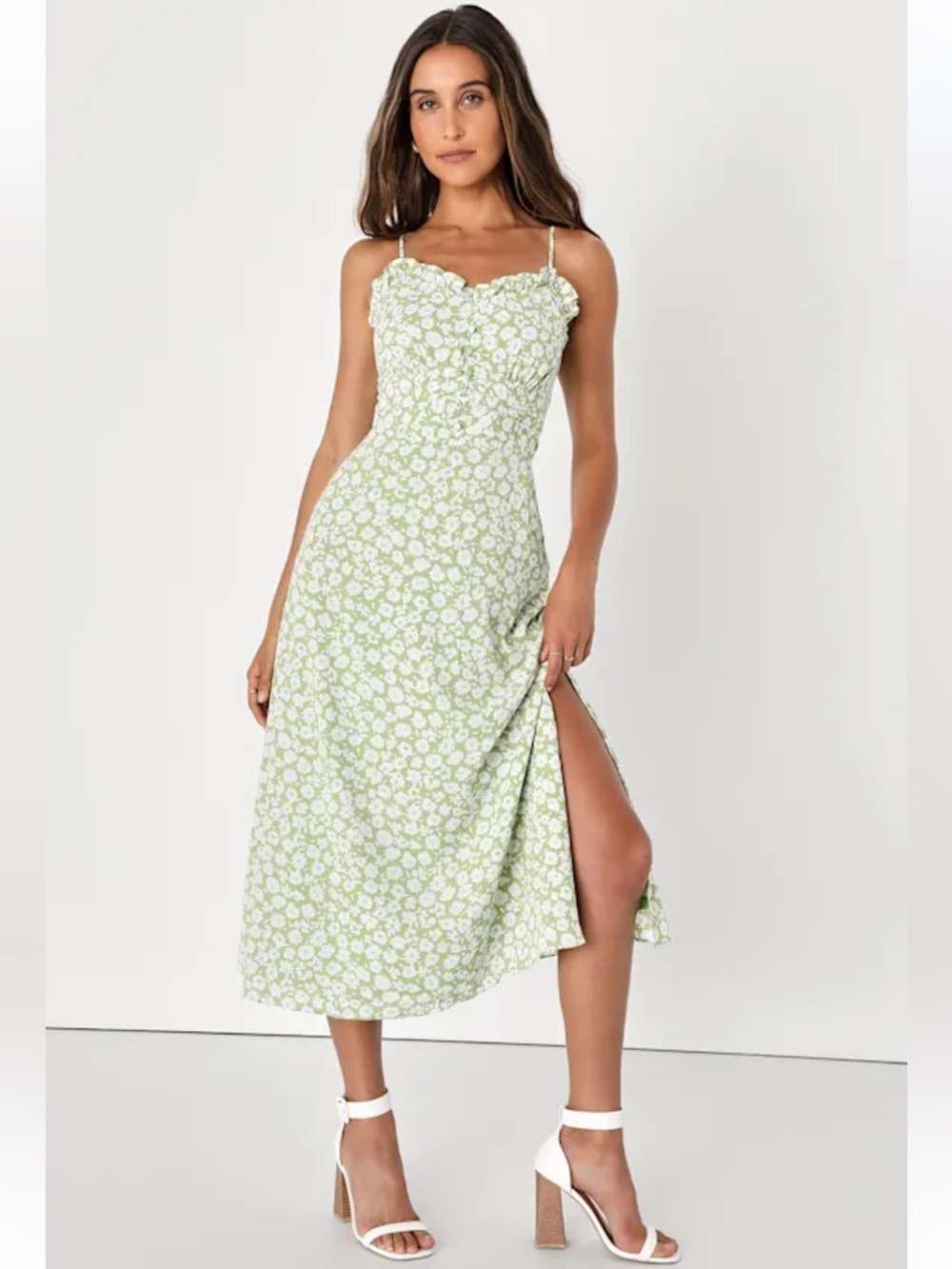 Lulus Green Floral Print A-Line Midi Dress